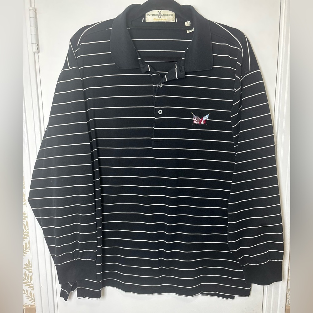 Fairway & Greene Black and White Striped Polo Shirt Men Size XL